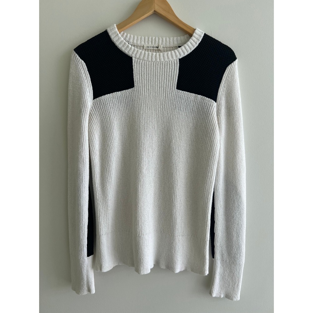Rag & Bone JEAN White Black Colorblock Cotton Knit Crewneck Sweater M Patchwork
